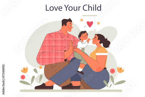 Positive parenting advice. Child growing in loving family. Parents support