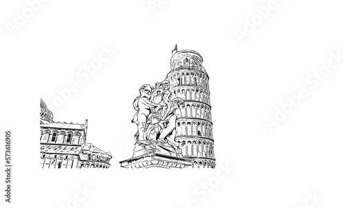 Building view with landmark of Pisa is a city in Italy. Hand drawn sketch illustration in vector.