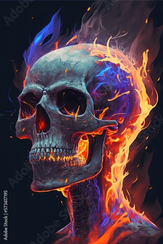 Skull in fire. Concept of chaos, dead and burning in hell. Generative AI.