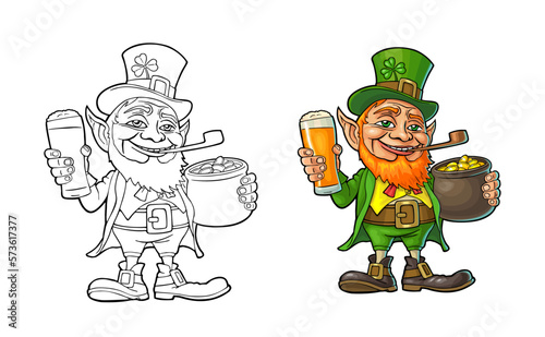 Leprechaun holding beer glass and pot of gold coins. Vector illustration.