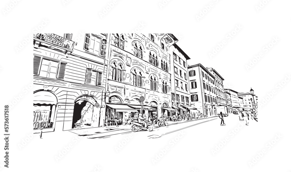 Building view with landmark of Pisa is a city in Italy. Hand drawn sketch illustration in vector.