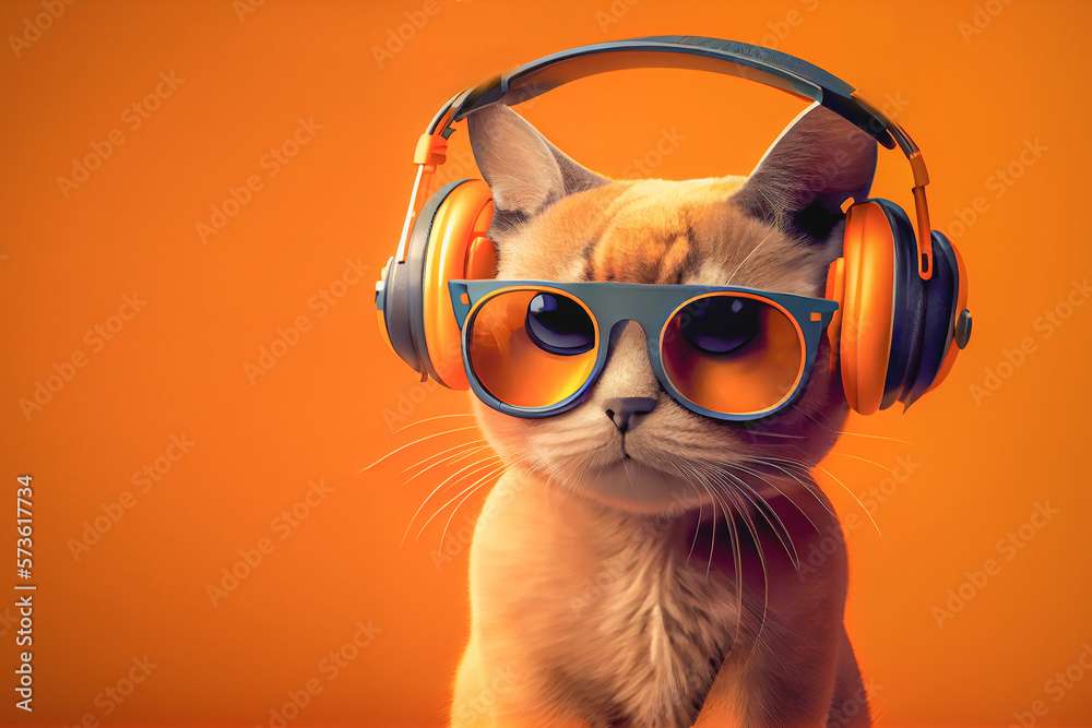 a close-up portrait of a cool red cat on an orange background wearing headphones, a music fan or an audiophile.