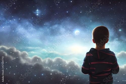 Illustration Of A Boy Looking At Night Starry Sky With Glitter Glow Galaxy Flicker Above. Idea For Prayer Of Hope. Love. Peace Theme. Generative AI