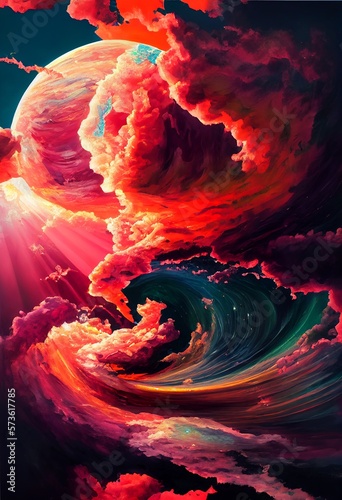 Surreal psychedelics retro illustration of waves and universe. Big waves are coming for surfing. Generative AI.	