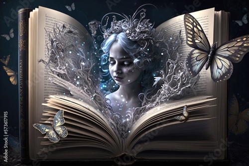 Magic book and woman face with butterfly sparkle fairy Generative AI