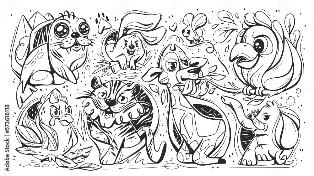 Cartoon characters animals in black and white line style.