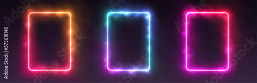 Gradient neon frames with smoke, led rectangular borders with mist effect, transparent glowing haze. Futuristic social media template design elements. Vector retro decorations.