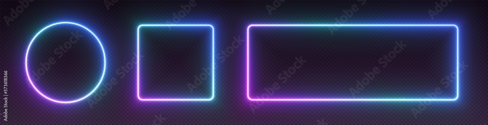 Neon gradient frames, glowing borders set, colorful futuristic UI design elements. Vibrant geometric shapes, modern signs collection. Bright circle, square and rectangle vector decorations.
