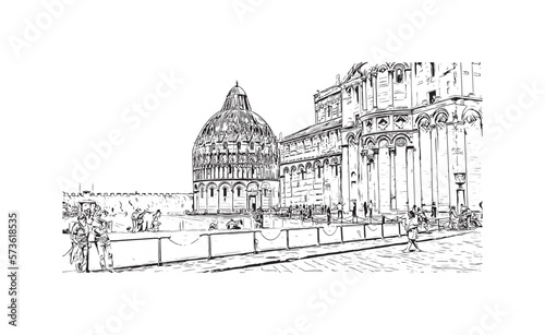 Building view with landmark of Pisa is a city in Italy. Hand drawn sketch illustration in vector.