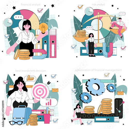 Financial analyst set. Office manager making income and expenses