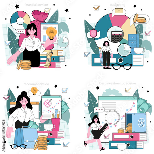 Financial advisor set. Corporate economic strategy reviewing and accounting