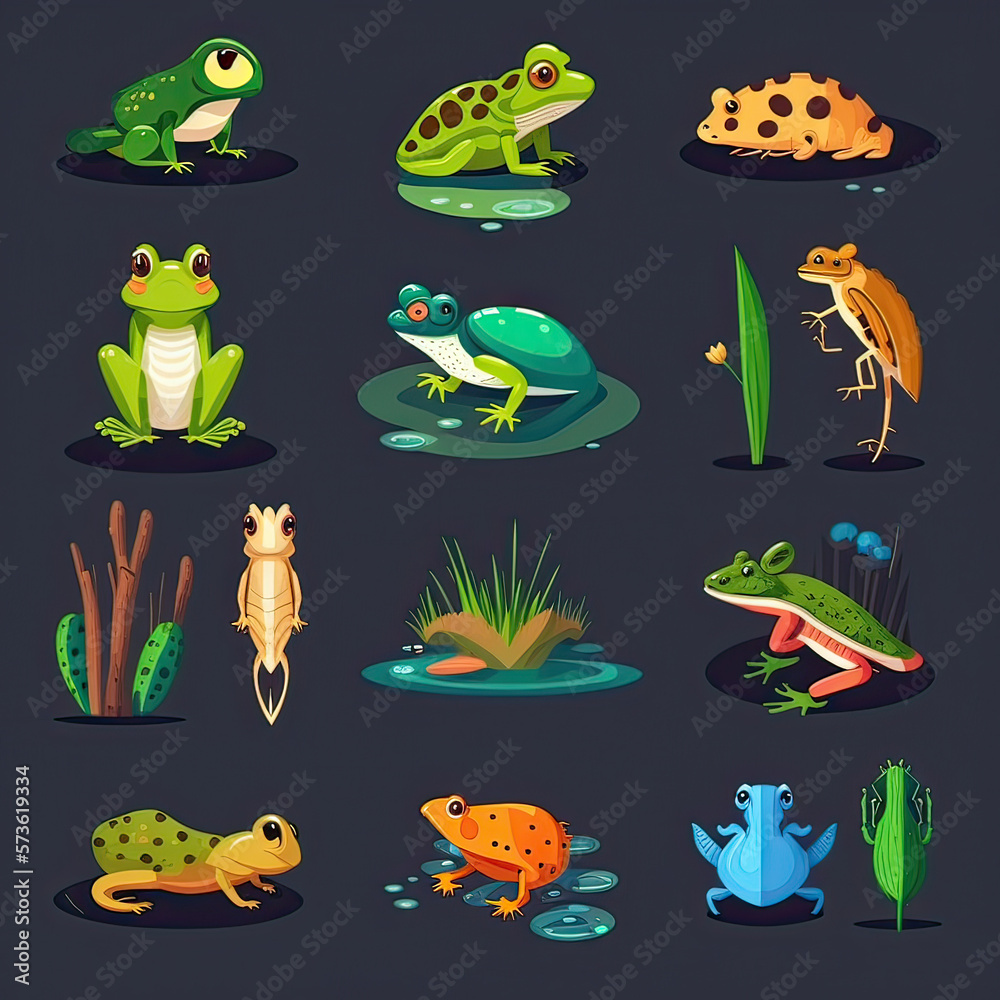 Obraz premium flat icons set cartoon frog vector illustrations , generative artificial intelligence
