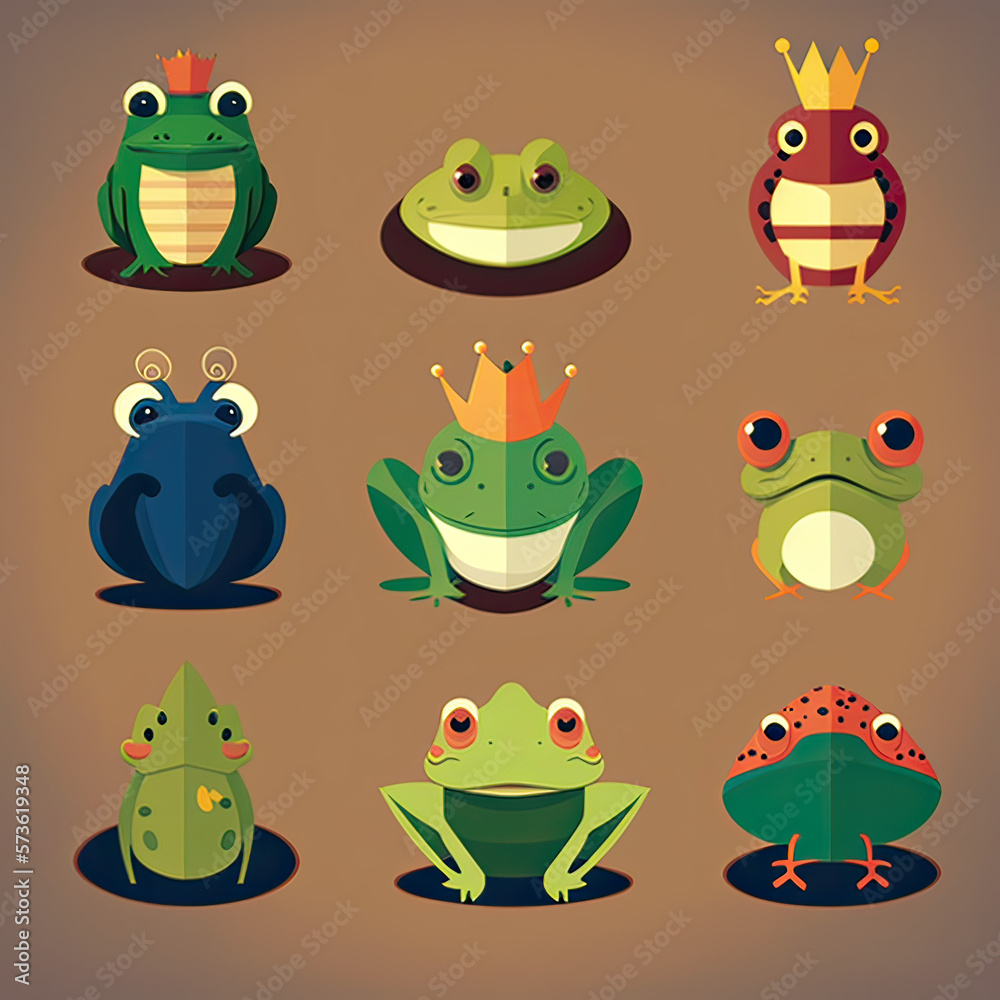 Fototapeta premium flat icons set cartoon frog vector illustrations , generative artificial intelligence