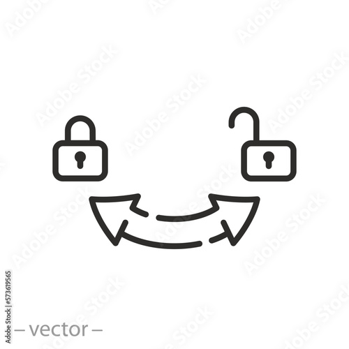 pointer open close icon, on and off, arrows with lock, turn right or left, thin line symbol on white background - editable stroke vector illustration