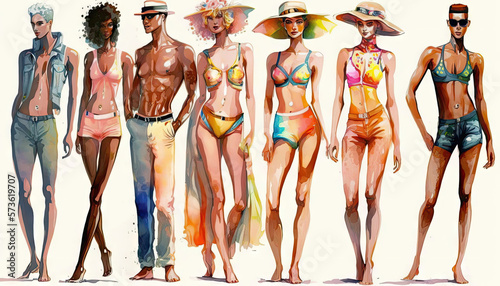 Summer bikini fashion models sketch, watercolor swimwear men and women Generative AI illustration