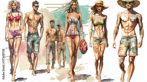 Summer bikini fashion models sketch, watercolor swim wear models men and women Generative AI illustration