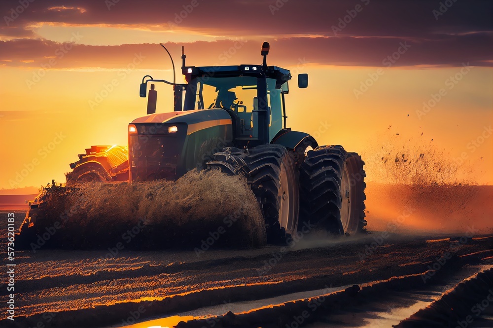 Tractor Drives Across Large Field Making Special Beds For Sowing Seeds Into Purified Soil. Agricultural Vehicle Works At Sunset In Countryside. Generative AI Tractor Drives Across Large Field Making Special Beds For Sowing Seeds Into Purified Soil. Agricultural Vehicle Works At Sunset In Countryside. Generative AI