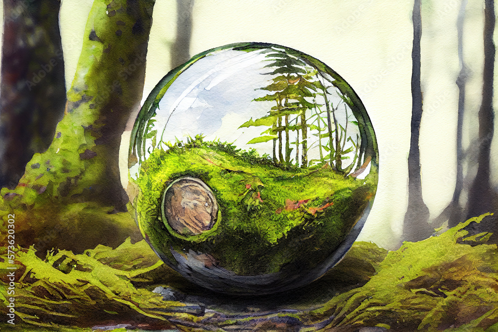 Environment conservation concept. Close up of glass globe in the forest with copy space. Generative Ai Environment conservation concept. Close up of glass globe in the forest with copy space. Generative Ai