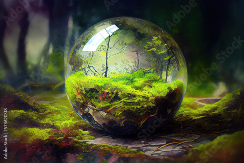 Environment conservation concept. Close up of glass globe in the forest with copy space. Generative Ai