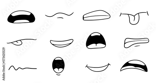 Cartoon mouth smile, happy, sad expression set. Hand drawn doodle mouth, tongue caricature emoji icon. Funny comic doodle style. Vector illustration.