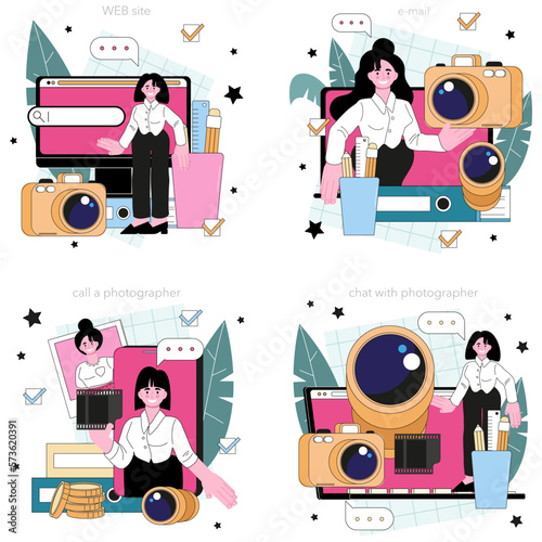 Photography course online service or platform set. Photographer