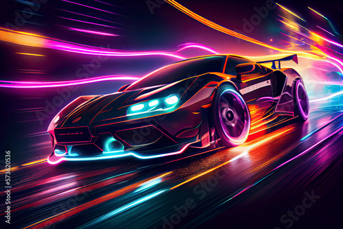Speeding Sports Car On Neon Highway. Powerful acceleration of a supercar on a night track