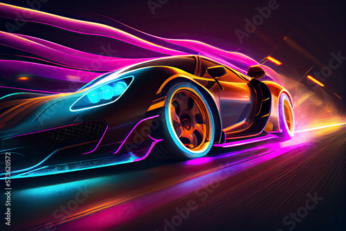 Speeding Sports Car On Neon Highway. Powerful acceleration of a supercar on a night track