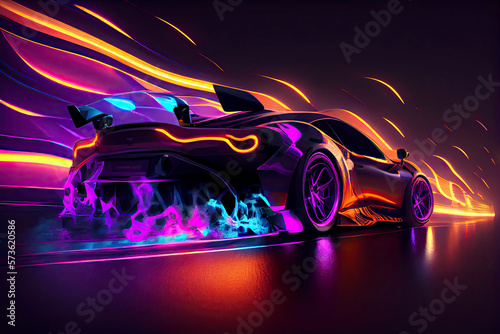 Speeding Sports Car On Neon Highway. Powerful acceleration of a supercar on a night track