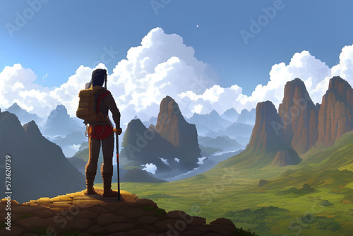 pixel art of a hiker in the mountains, travel and nature, created with Generative AI