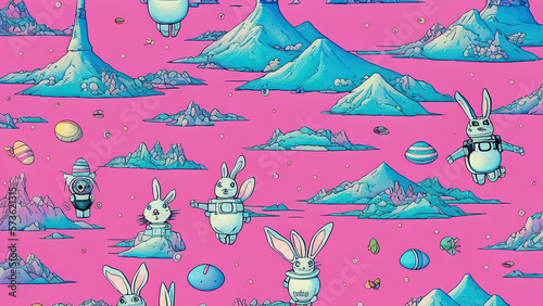 Digital illustration, a surrealist pink tone robot bunny in astronaut suit, lovely eggs easter mood futuristic punks, generated by AI.