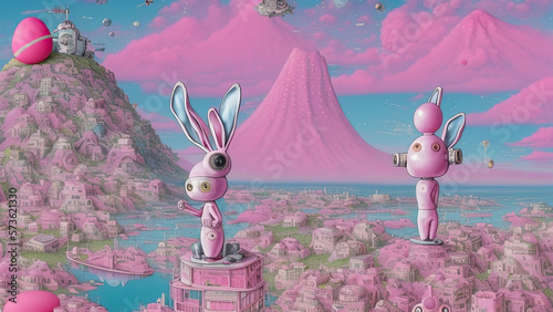 Digital illustration, a surrealist pink tone robot bunny in astronaut suit, lovely eggs easter mood futuristic punks, generated by AI.