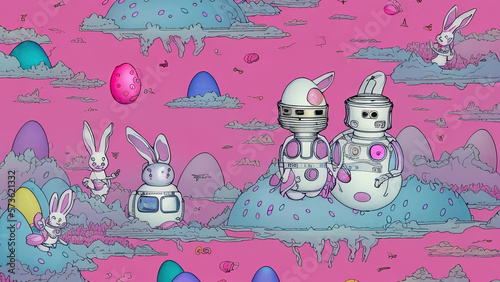 Digital illustration, a surrealist pink tone robot bunny in astronaut suit, lovely eggs easter mood futuristic punks, generated by AI.