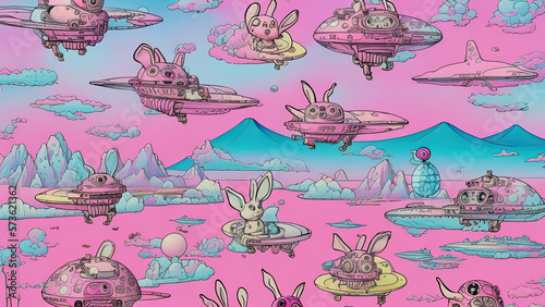 Digital illustration, a surrealist pink tone robot bunny in astronaut suit, lovely eggs easter mood futuristic punks, generated by AI.