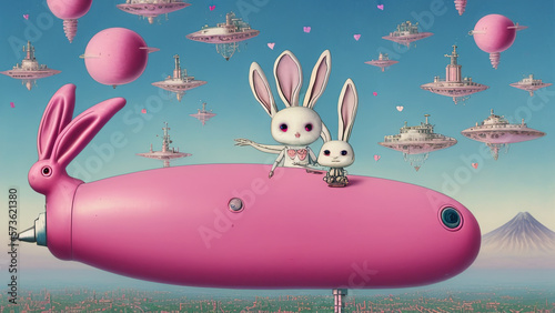 Digital illustration, a surrealist pink tone robot bunny in astronaut suit, lovely eggs easter mood futuristic punks, generated by AI.