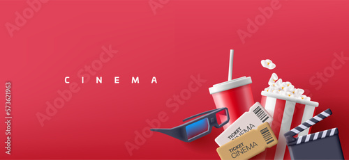 Modern image of movie watching concept. Popcorn, 3D glasses, tickets, drink, clapper. Elements for the design of cinemas, online viewing. Illustrations on a red background.