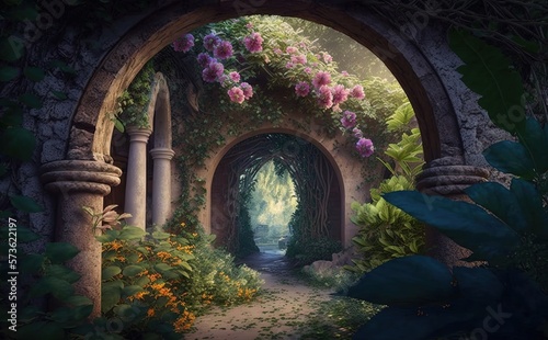 Magical garden with archway filled with blooming flowers - Generative Ai