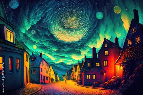 Painting small town, Van Gogh style night landscape, colorful background, AI