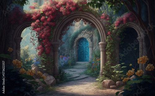 Foto Magical garden with archway filled with blooming flowers - Generative Ai