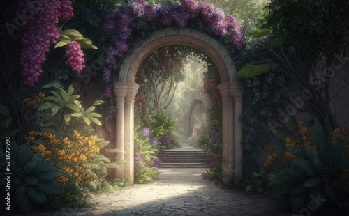 Magical garden with archway filled with blooming flowers - Generative Ai