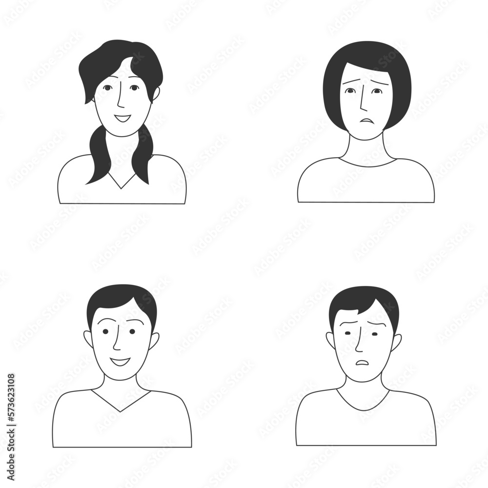 Guys and girls with happy and sad emotions. Flat minimalistic illustration. Guys and girls with happy and sad emotions. Flat minimalistic illustration.