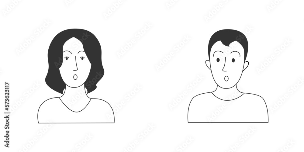People with scared and surprised faces. Flat minimalist style. People with scared and surprised faces. Flat minimalist style.