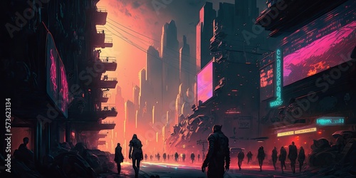 cyberpunk downtown city lots of people, buildings with sun flare effect and neon signs, AI