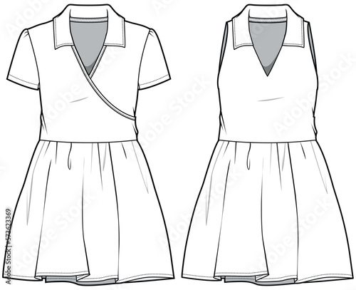 Women Collared Skater Activewear Dress, Tennis Dress, Women School Uniform Dress Fashion Illustration, Vector, CAD, Technical Drawing, Flat Drawing, Template, Mockup.