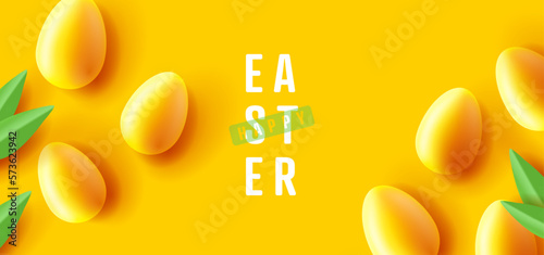 Happy Easter poster or greeting card with 3d eggs render monochrome style wuth green grass, hide and seek game