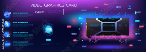 Futuristic cyber banner with game video card. Layout with presentation computer model video card. Realistic graphics card for mining or video games. Computer technology, electronics system