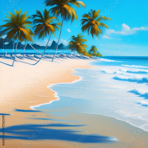 oil painting, smooth brush strokes, realism, beach, ocean water, sand, palm trees, shades of blue and white - generative ai