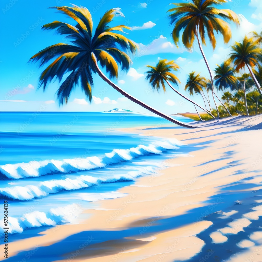 oil painting, smooth brush strokes, realism, beach, ocean water, sand, palm trees, shades of blue and white - generative ai
