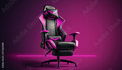Pink gaming chair advertisement background, copy space (created with Generative AI)
