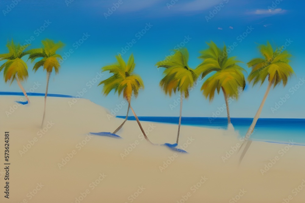 oil painting, smooth brush strokes, realism, beach, ocean water, sand, palm trees, shades of blue and white - generative ai