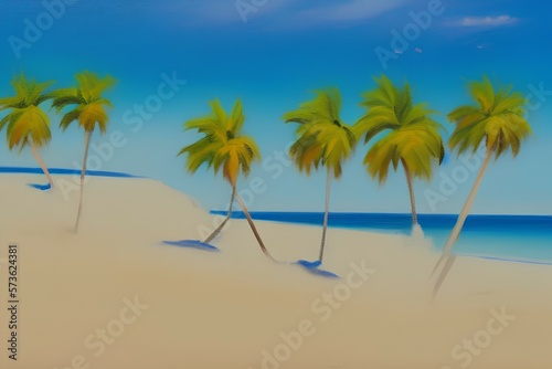 oil painting, smooth brush strokes, realism, beach, ocean water, sand, palm trees, shades of blue and white - generative ai